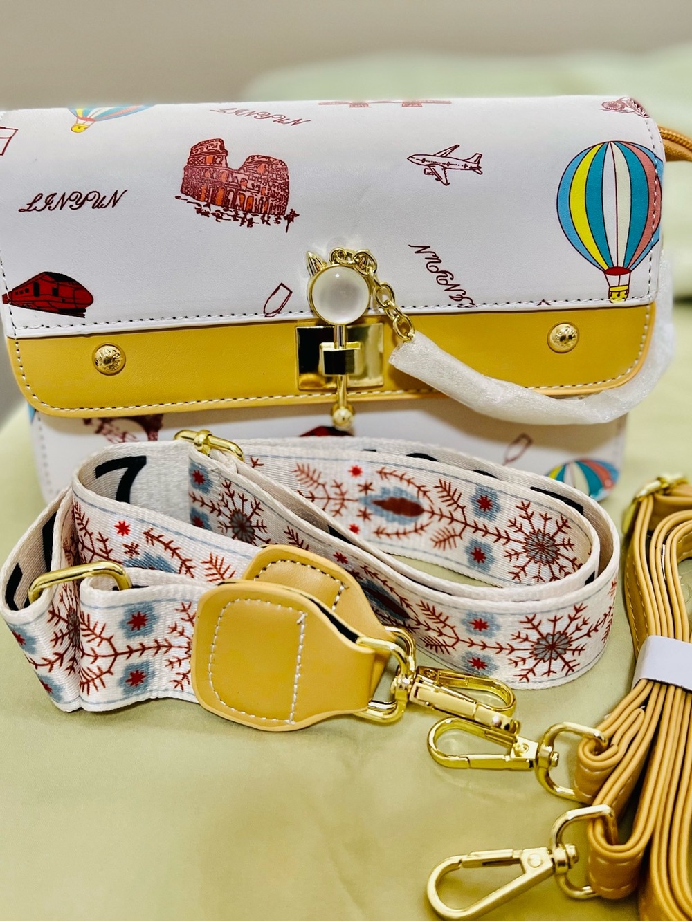 Yellow & White Printed Crossbody Bag with Detachable Strap